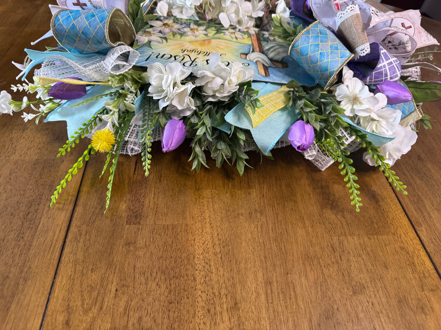 He Is Risen Easter Centerpiece | Christian Table Decor | Farrisilk Ribbon Faith Floral Arrangement