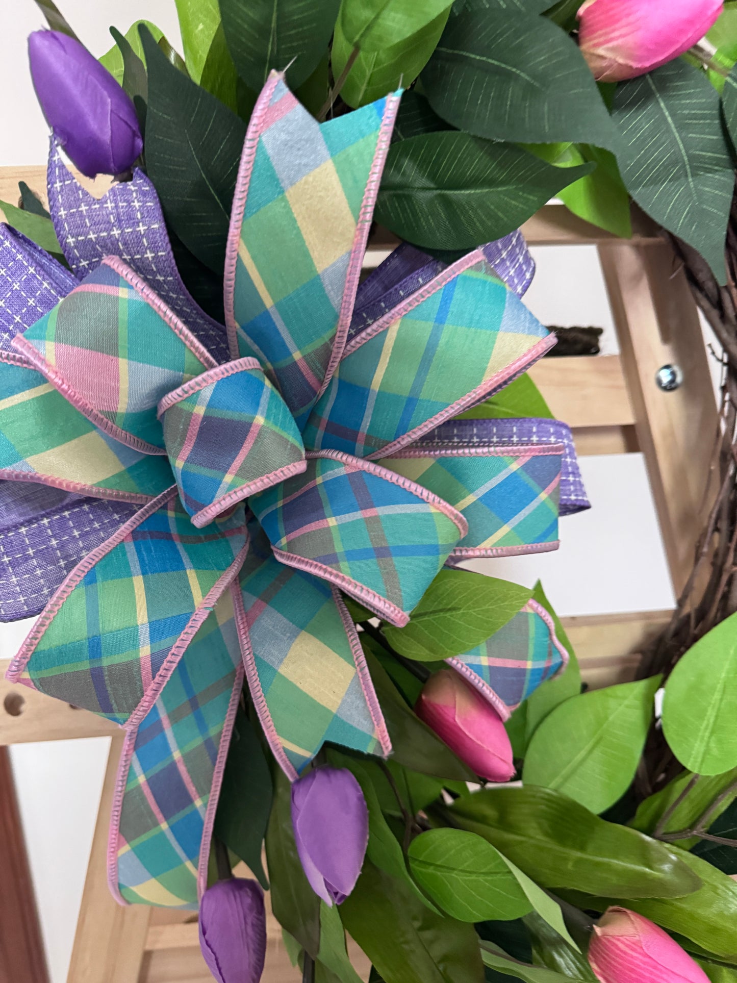 Spring Tulip Grapevine Wreath | Pink & Purple Floral Front Door | Mother’s Day Gift | Designer Plaid Bow