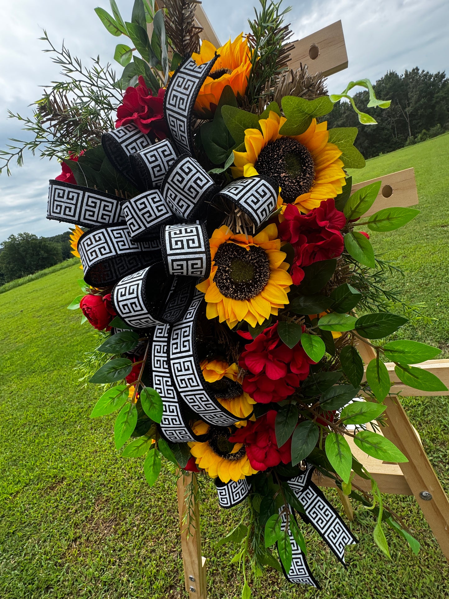 Red Geranium & Sunflower Designer Door Swag
