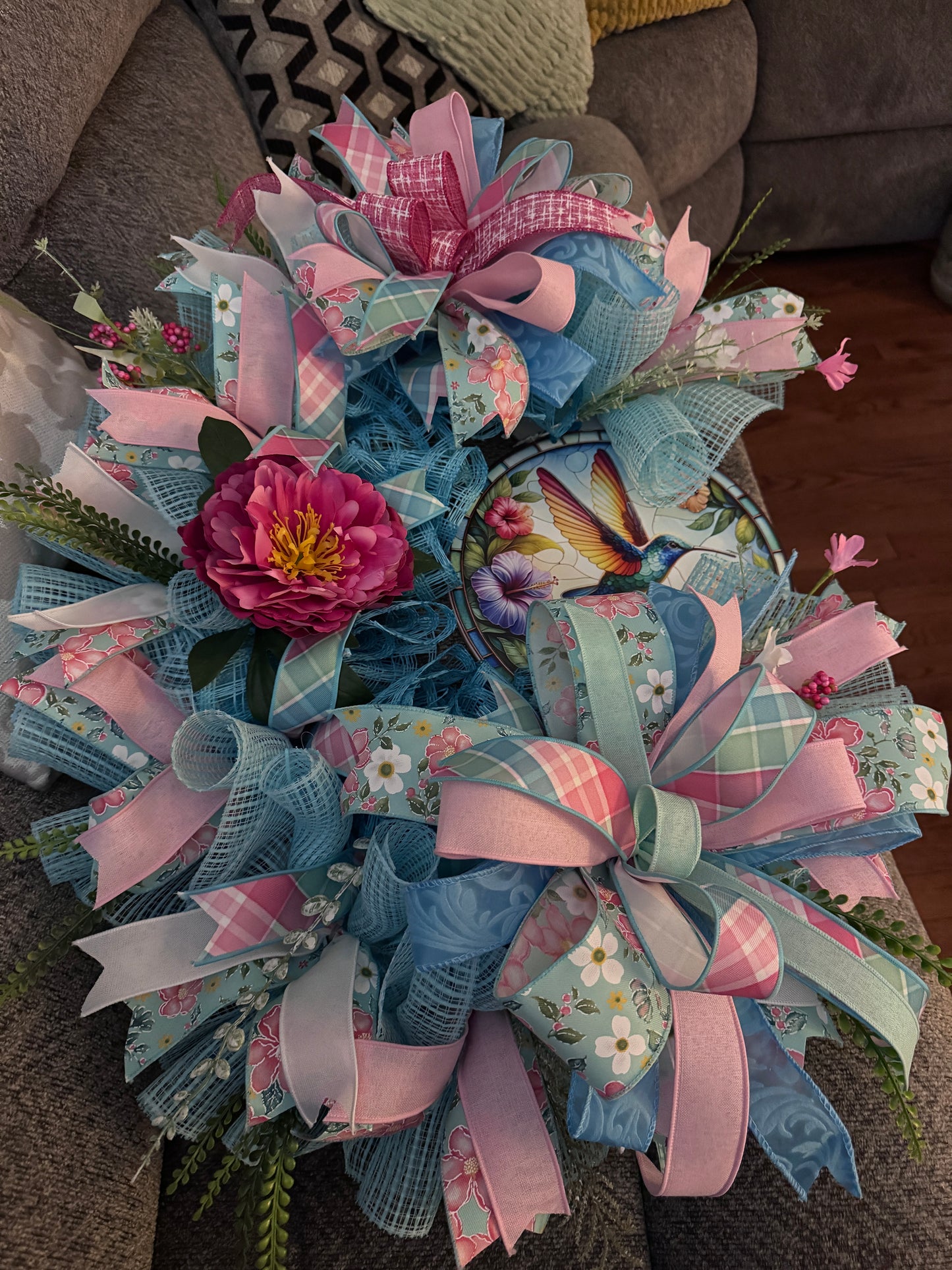 Hummingbird Spring Wreath for Front Door – Pink and Blue Everyday Summer Wreath with Designer Ribbon
