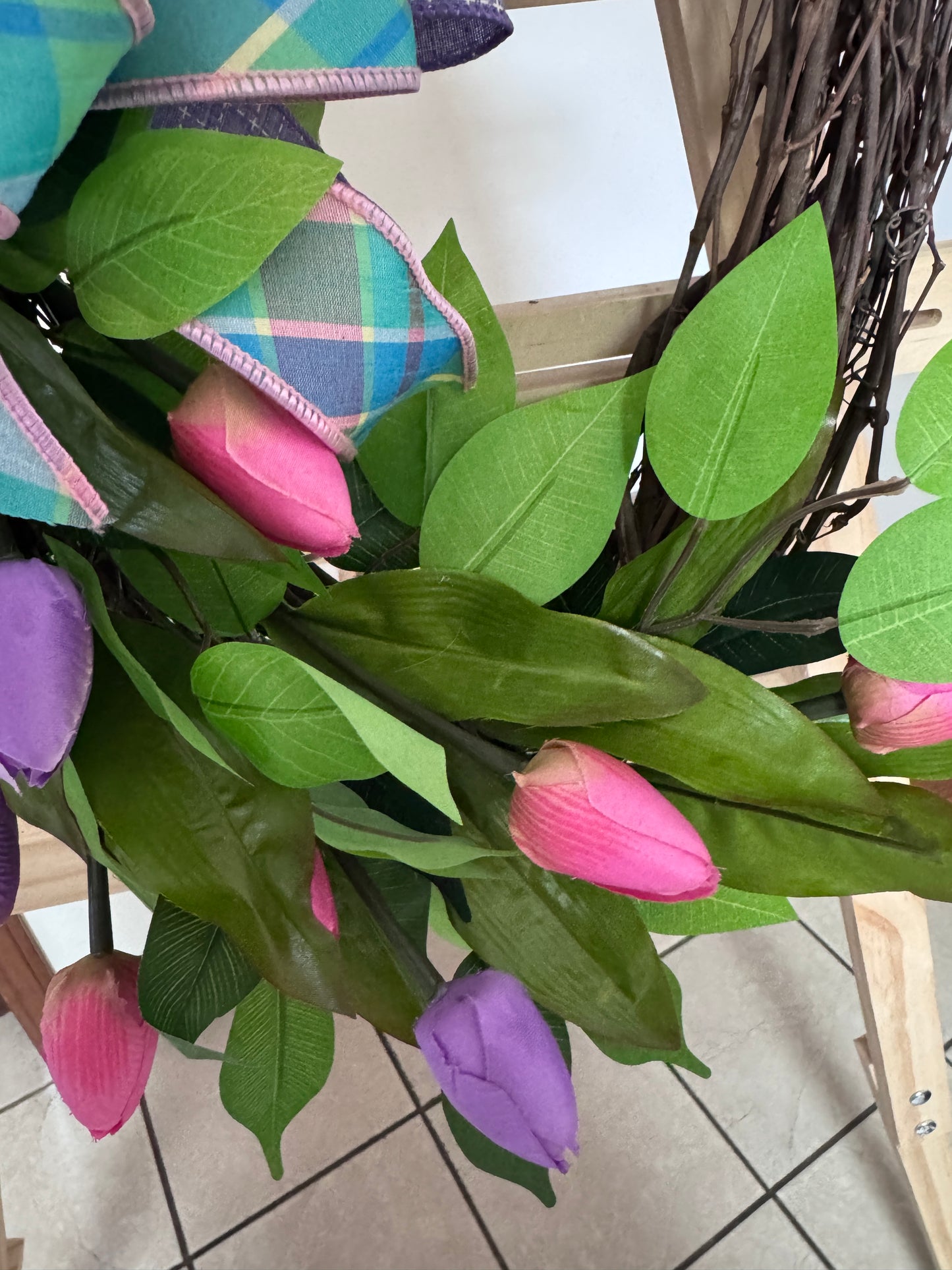 Spring Tulip Grapevine Wreath | Pink & Purple Floral Front Door | Mother’s Day Gift | Designer Plaid Bow