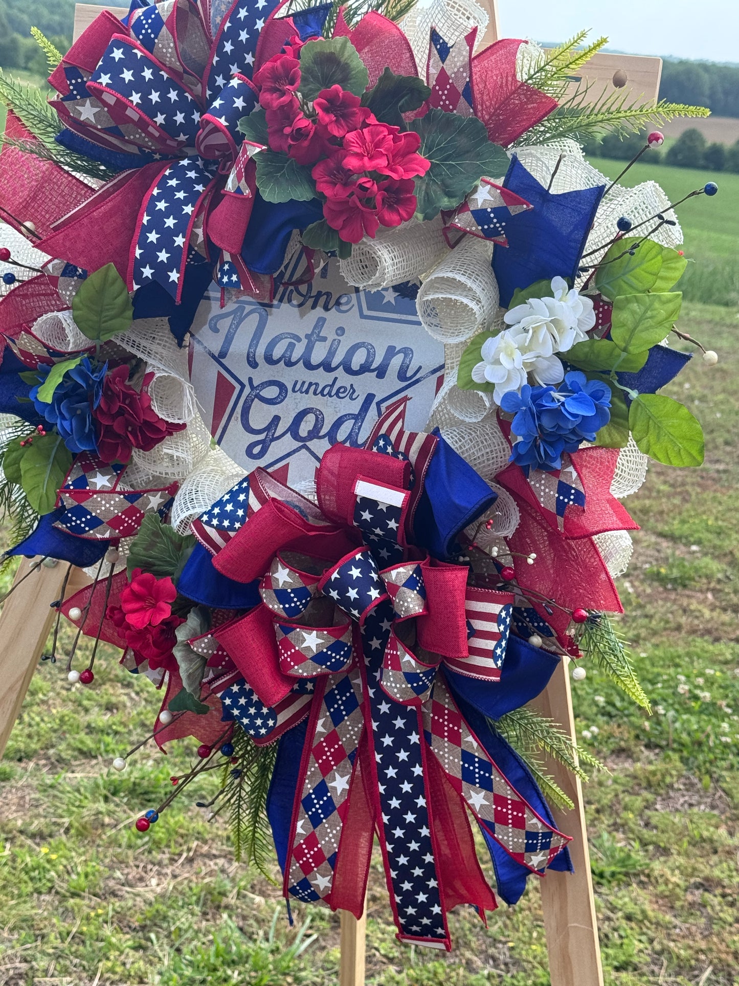 One Nation Under God Patriotic Wreath – America 250 Decor – Red White Blue Summer Wreath – Front Door Wreath – Storm Door Friendly