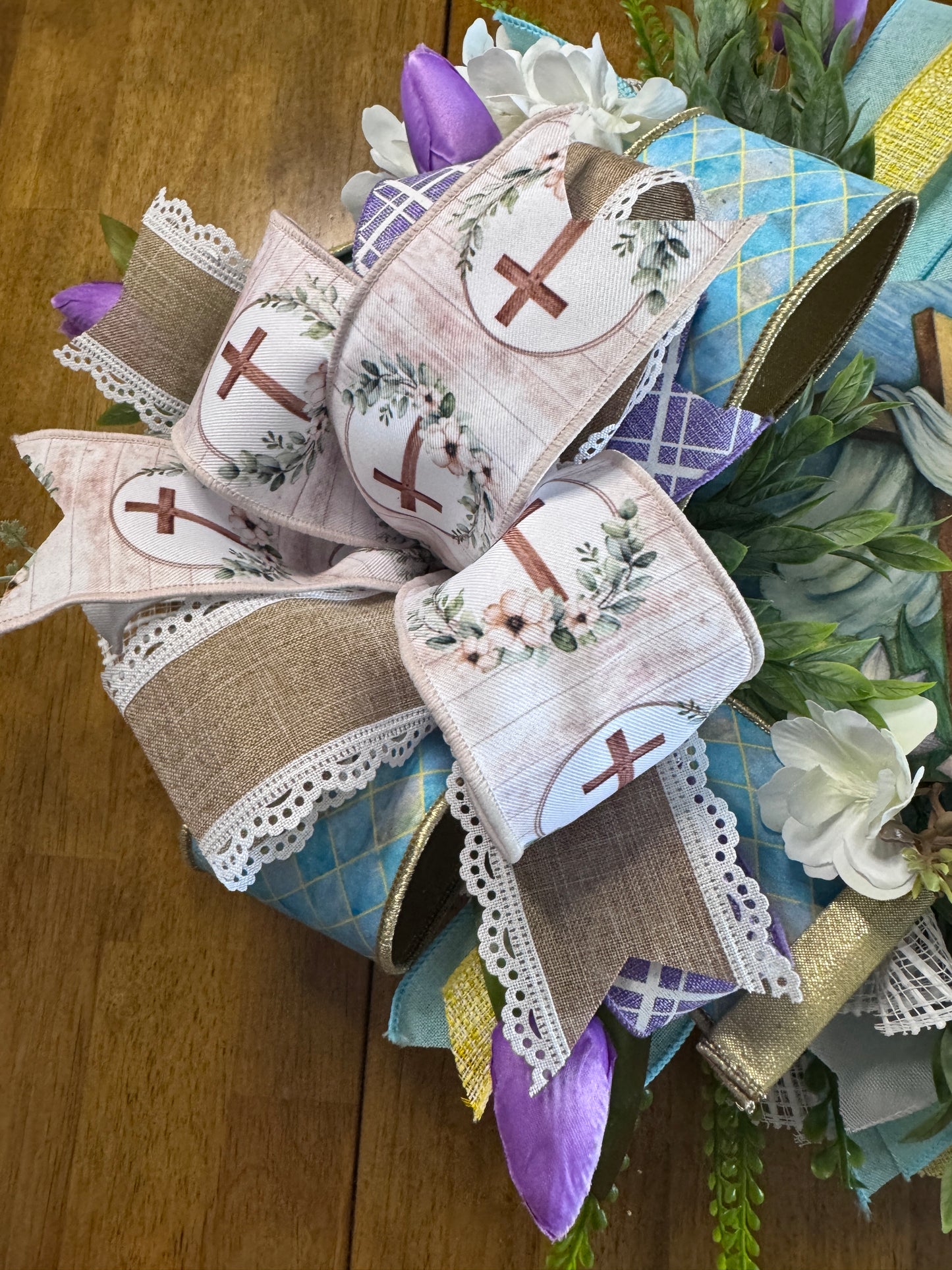 He Is Risen Easter Centerpiece | Christian Table Decor | Farrisilk Ribbon Faith Floral Arrangement