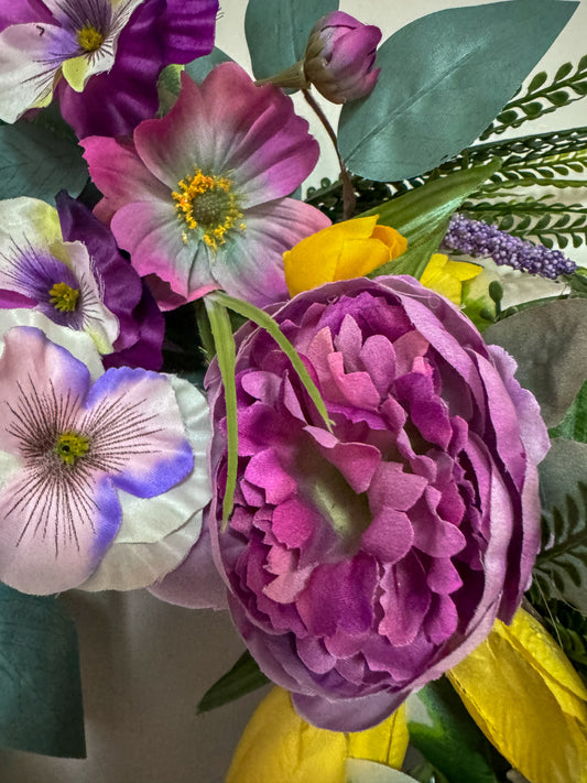 Purple Peony & Pansy Spring Wreath with Yellow Tulips | Designer Garden Door Wreath