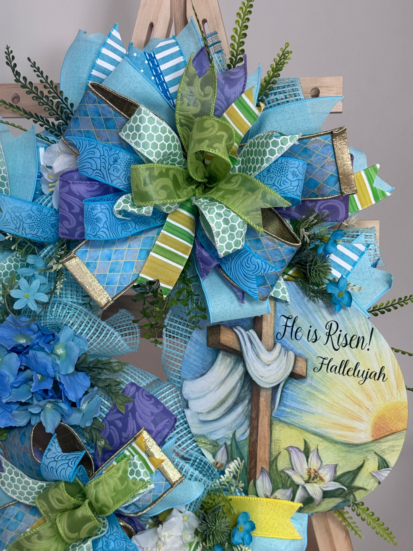 He Is Risen Easter Wreath with Cross Sign | Christian Spring Wreath | Farrisilk Ribbon Faith Front Door Decor