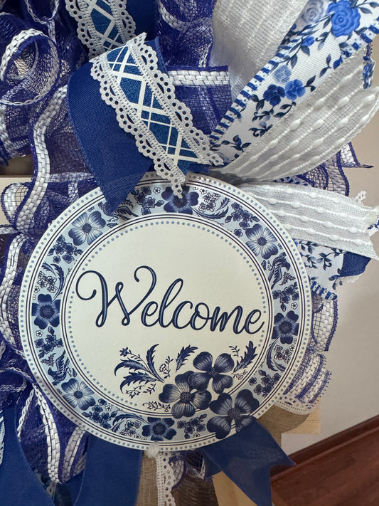 Blue & White Porcelain Inspired Welcome Wreath | Elegant Mesh & Designer Ribbon | Mother’s Day