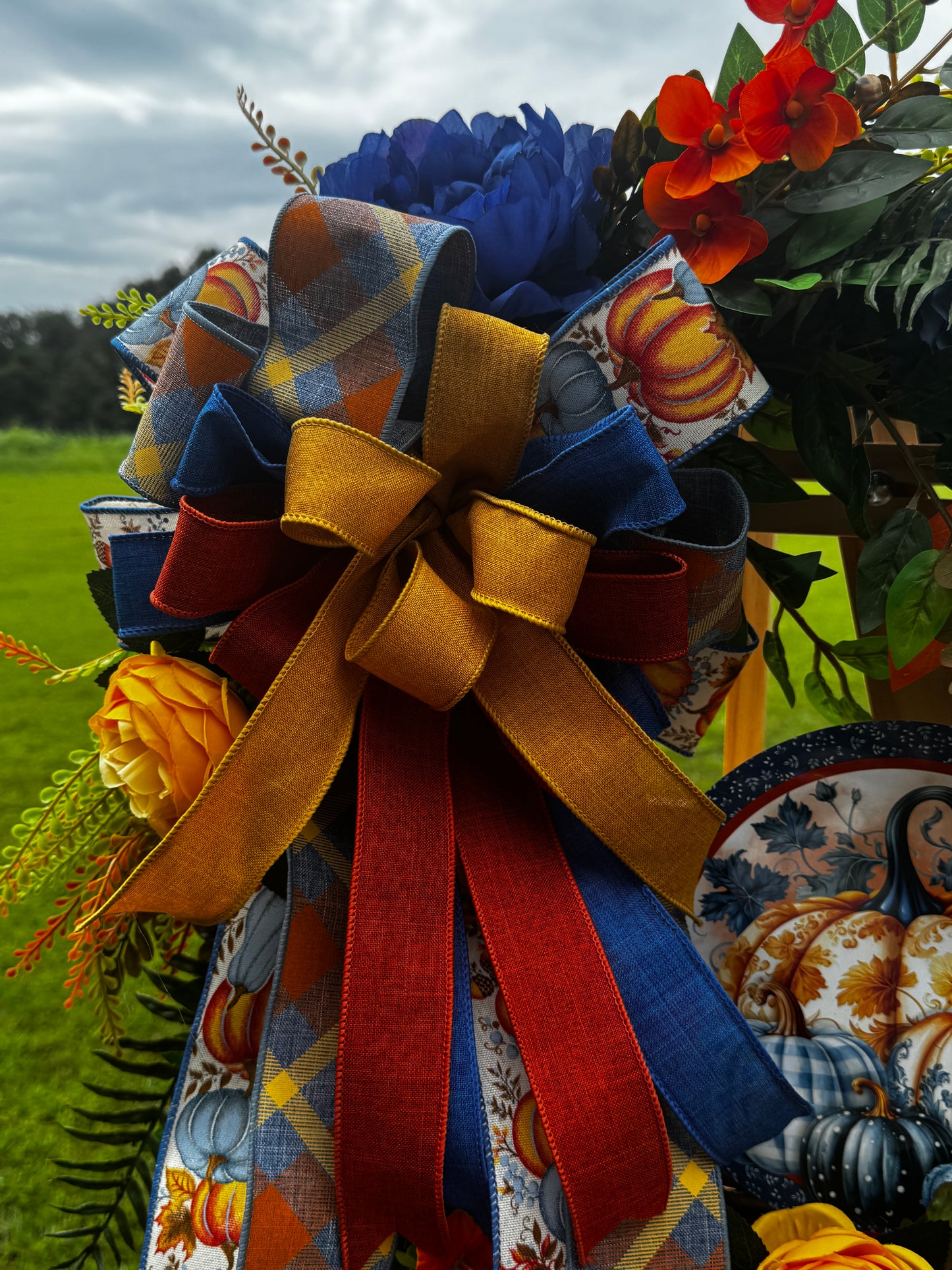 Blue & Orange Pumpkin Fall Wreath | Handmade Autumn Front Door Wreath | Navy Pumpkin Door Decor | Thanksgiving Wreath