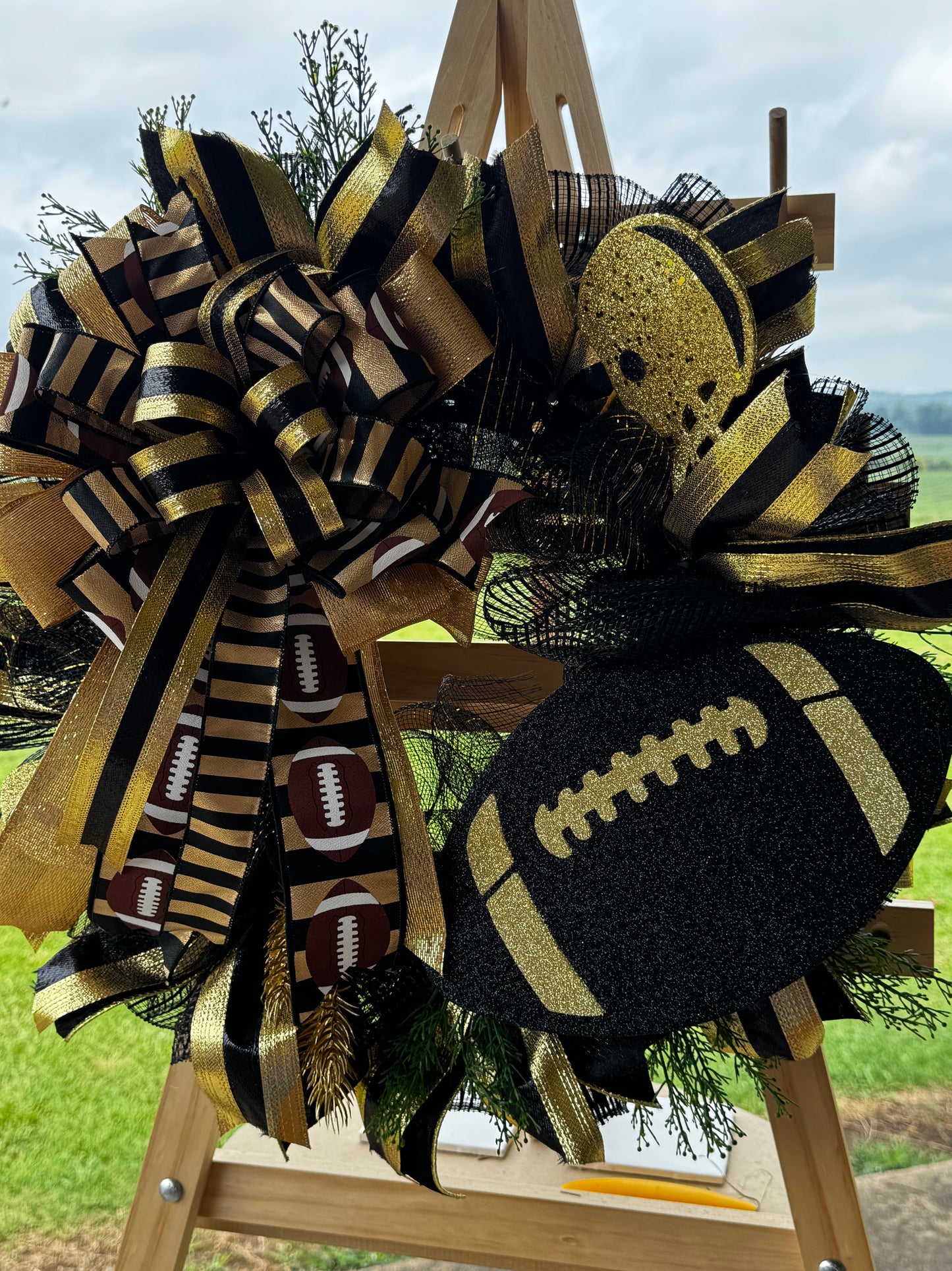 Black & Gold Football Wreath with Personalized Team Ribbon | Handmade Front Door Decor