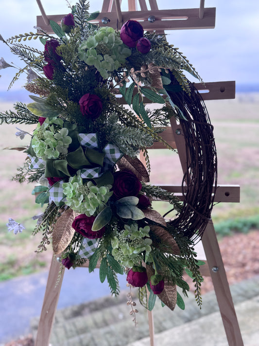Elegant Burgundy & Sage Floral Grapevine Wreath – Year-Round Front Door Decor