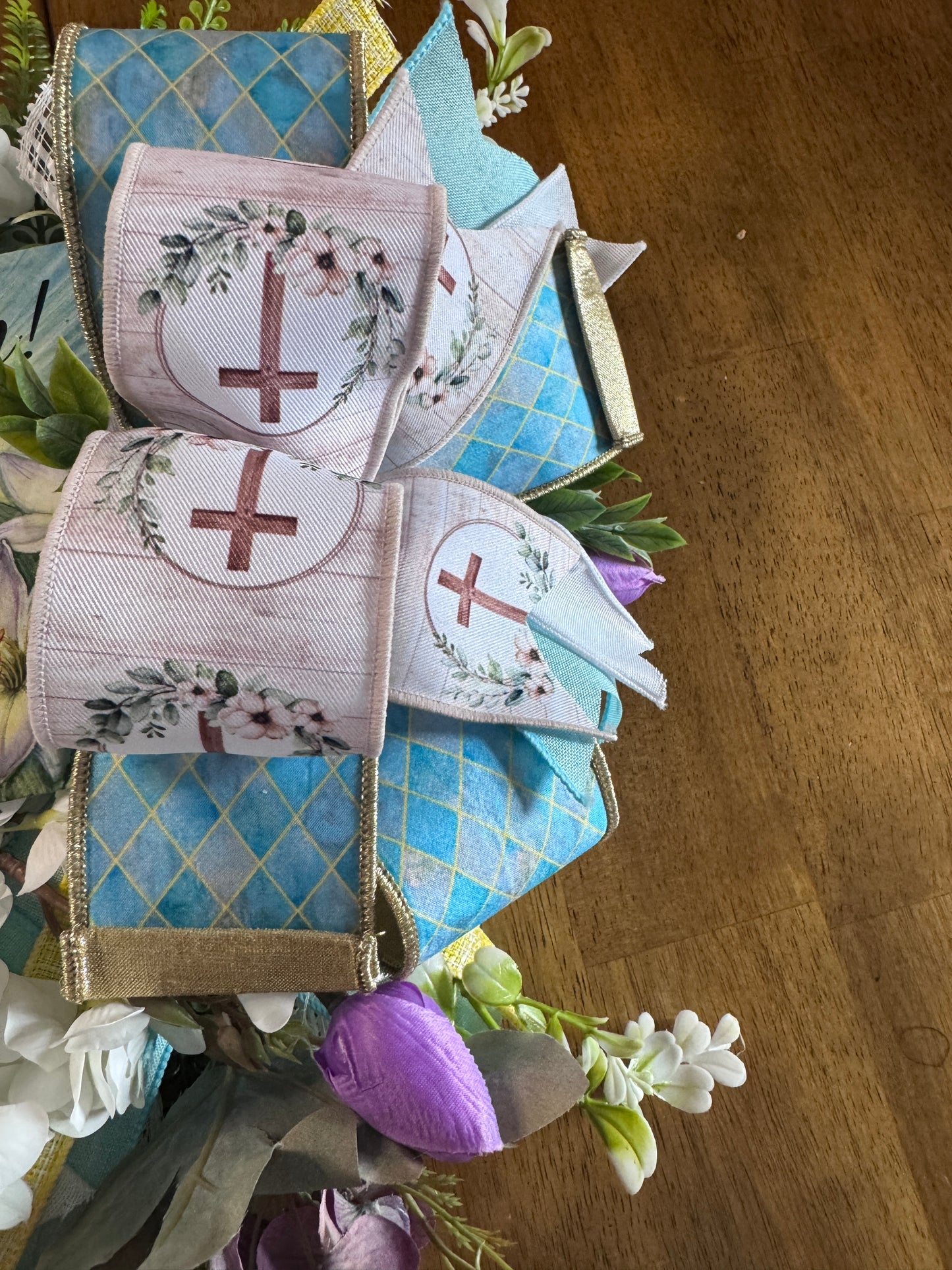 He Is Risen Easter Centerpiece | Christian Table Decor | Farrisilk Ribbon Faith Floral Arrangement