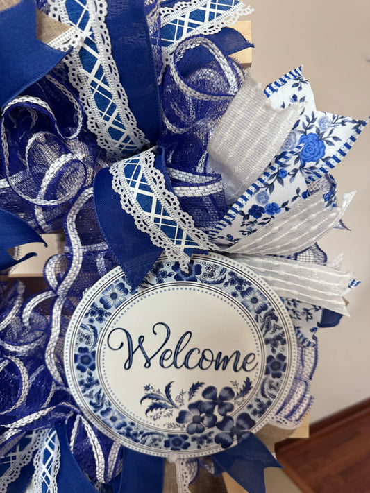 Blue & White Porcelain Inspired Welcome Wreath | Elegant Mesh & Designer Ribbon | Mother’s Day
