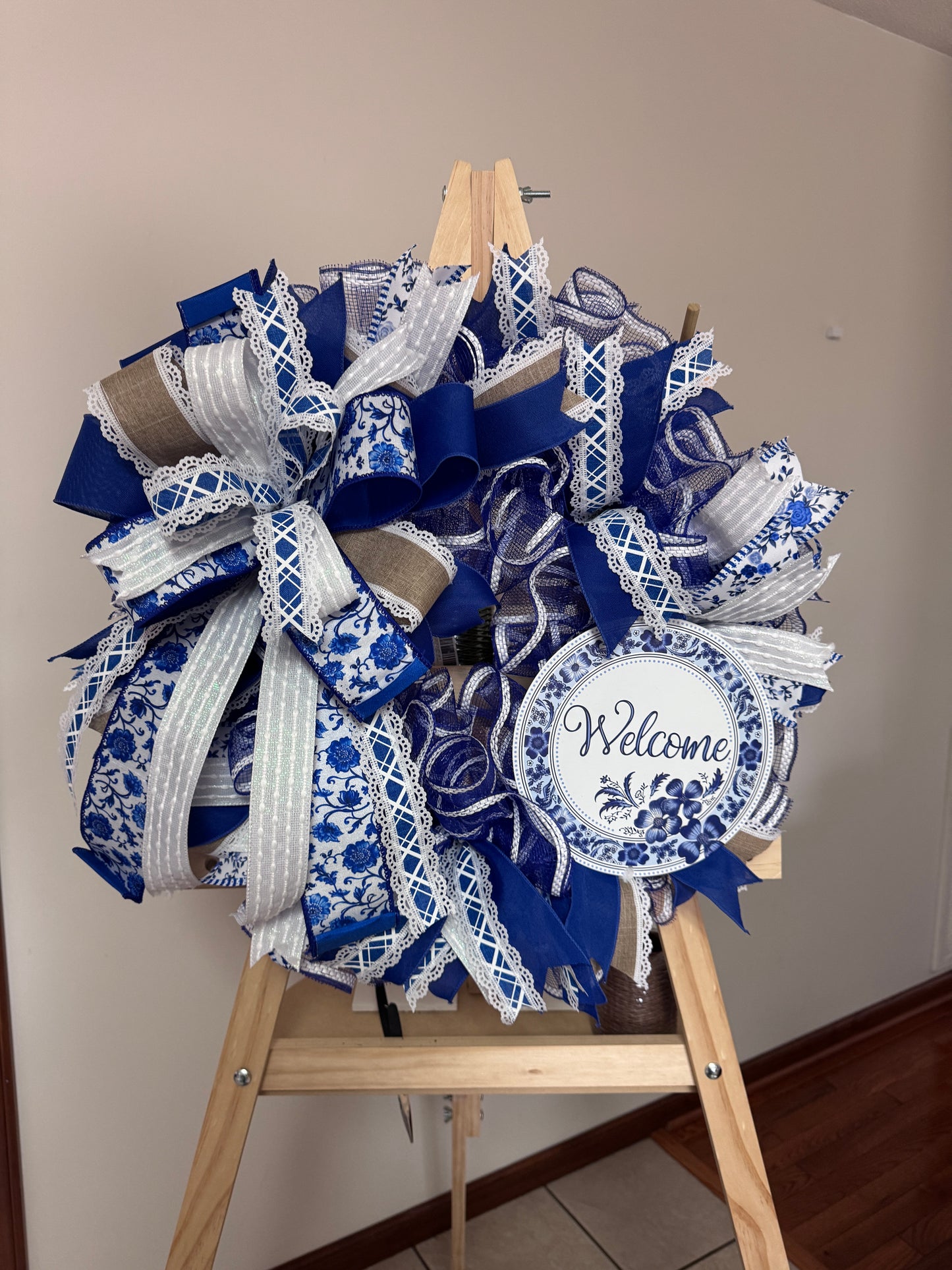Blue & White Porcelain Inspired Welcome Wreath | Elegant Mesh & Designer Ribbon | Mother’s Day