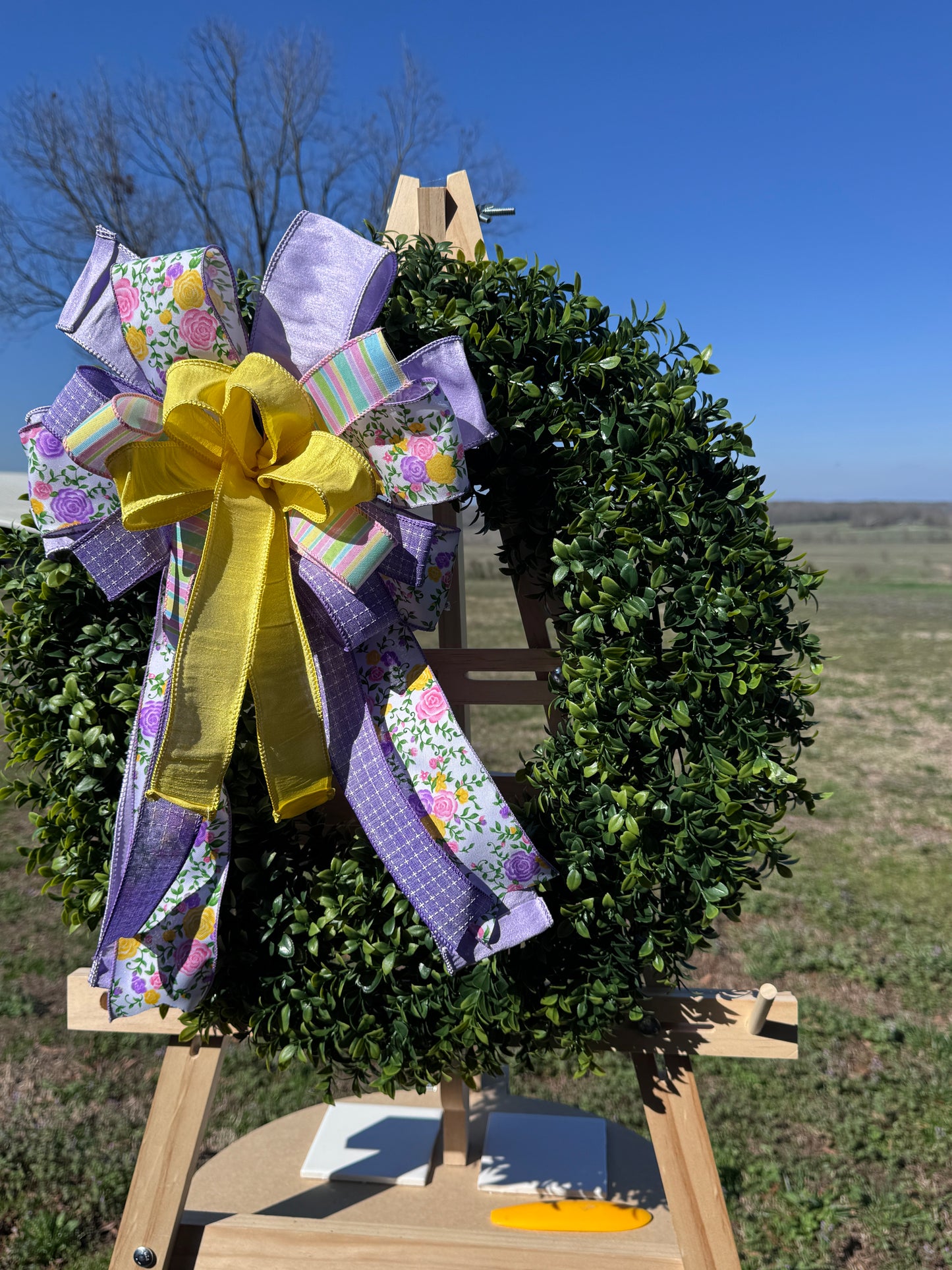 Spring Floral Wreath Bow | Purple & Yellow Easter Farmhouse Bow | Interchangeable Door Wreath Bow | Free Shipping (Wreath Not Included)