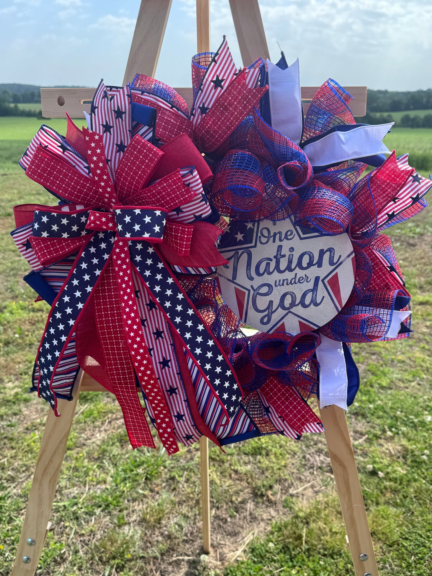 One Nation Under God Patriotic Mesh Wreath – America 250 Front Door Decor – Red White Blue Wreath – Fourth of July Wreath – Storm Door Friendly