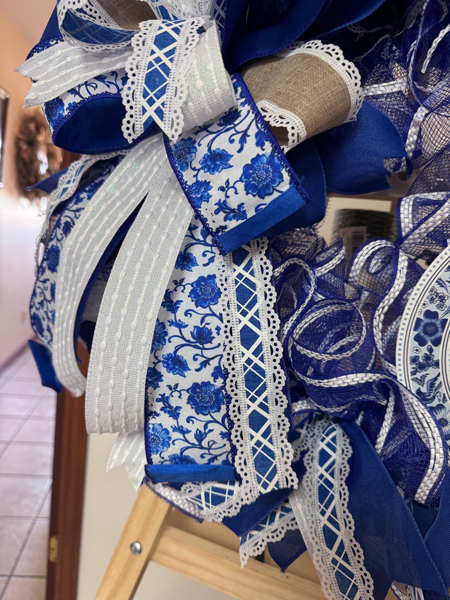 Blue & White Porcelain Inspired Welcome Wreath | Elegant Mesh & Designer Ribbon | Mother’s Day