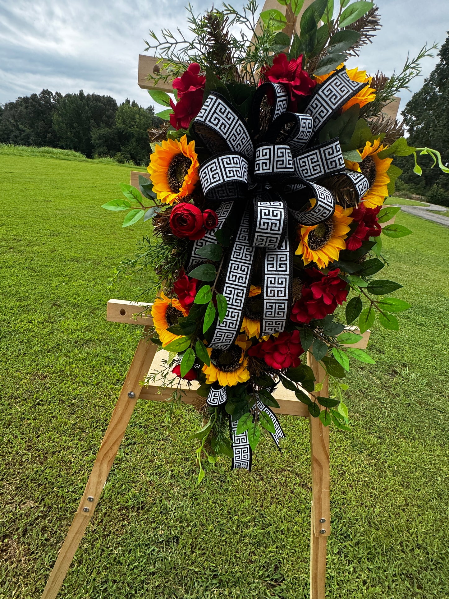 Red Geranium & Sunflower Designer Door Swag