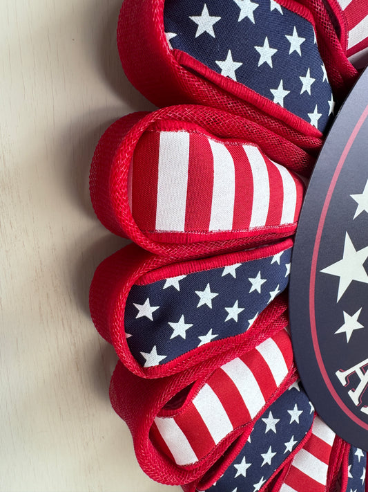 God Bless America Patriotic Wreath – Premium D’Lux Ribbon | 12” Metal Sign | Handmade Door Decor