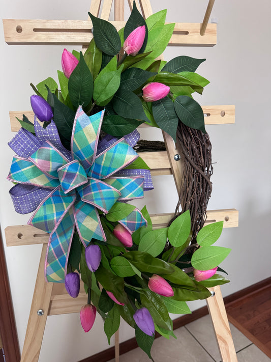 Spring Tulip Grapevine Wreath | Pink & Purple Floral Front Door | Mother’s Day Gift | Designer Plaid Bow