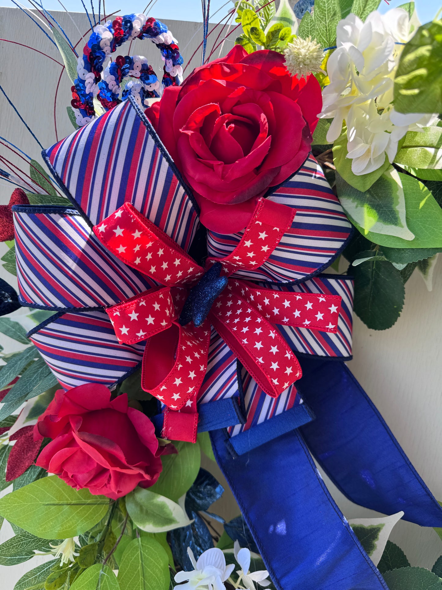 Patriotic Grapevine Wreath | Americana Floral Front Door Decor | Red White and Blue Summer Wreath