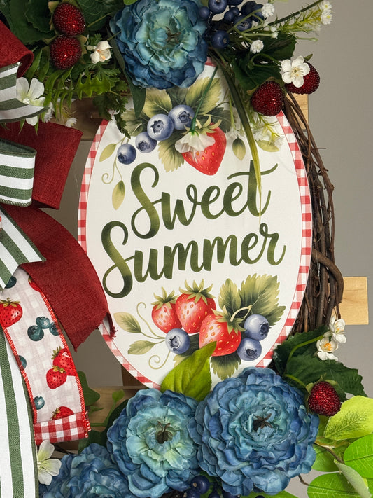 Sweet Summer Wreath | Strawberry Blueberry Farmhouse Wreath | Blue Peony & Daisy Summer Door Decor