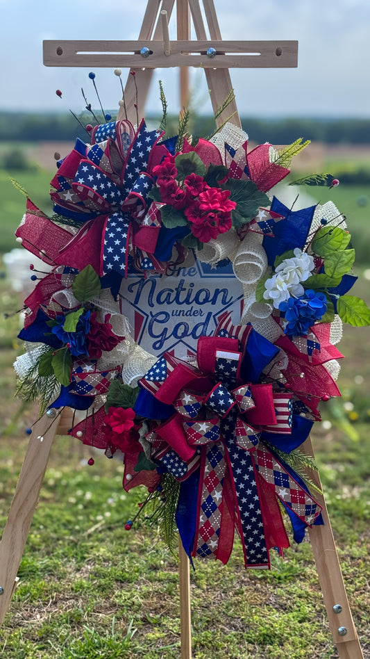 One Nation Under God Patriotic Wreath – America 250 Decor – Red White Blue Summer Wreath – Front Door Wreath – Storm Door Friendly