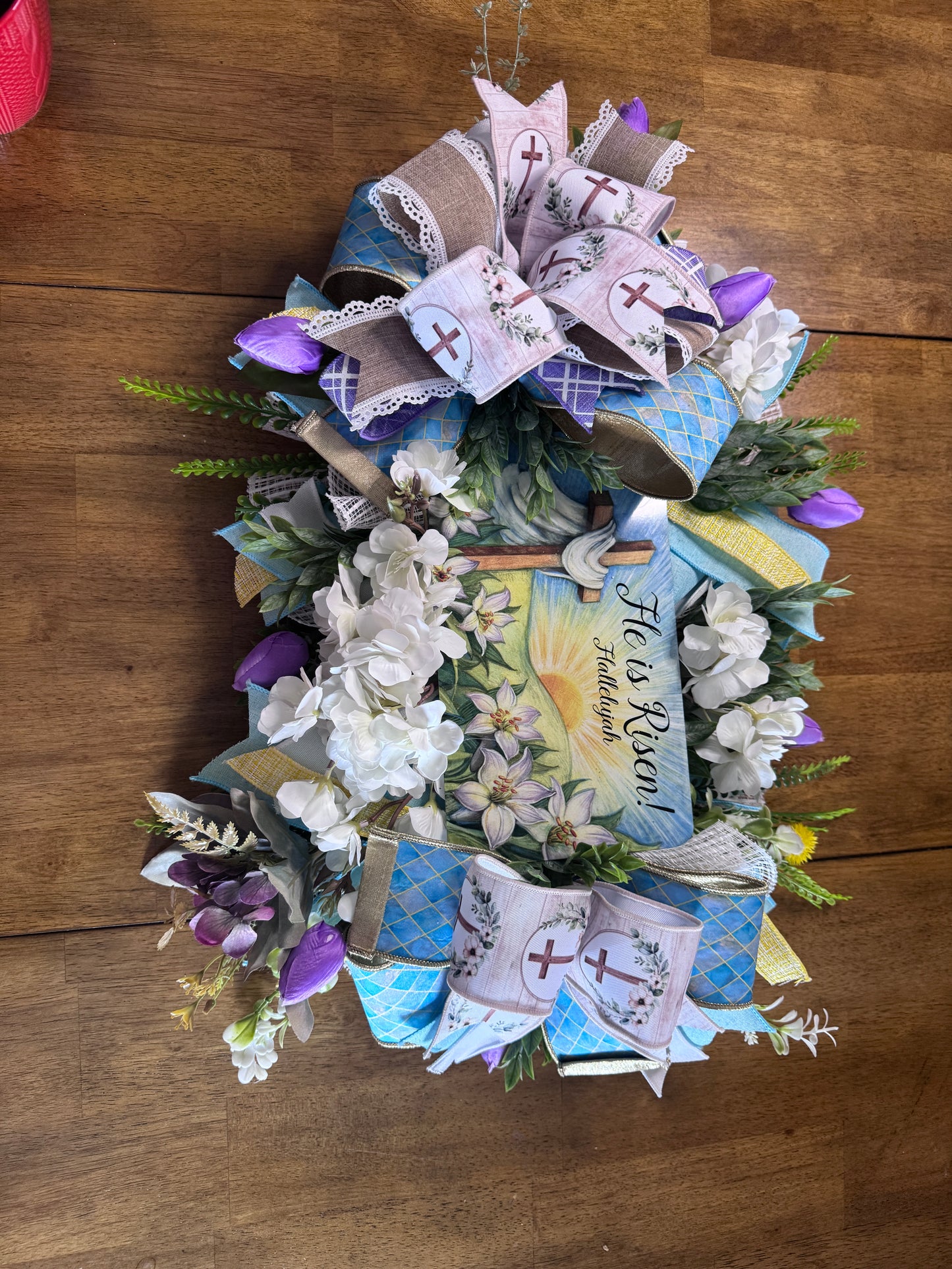 He Is Risen Easter Centerpiece | Christian Table Decor | Farrisilk Ribbon Faith Floral Arrangement