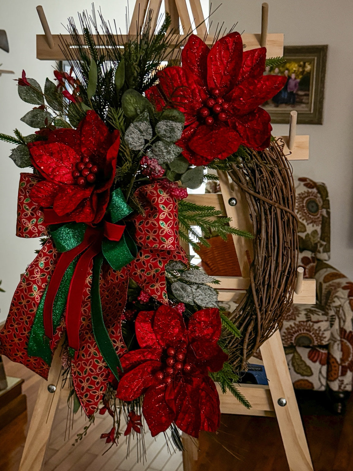 Classic Red Velvet Poinsettia Grapevine Wreath with Jeweled Farrisilk Ribbon