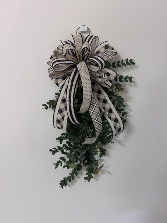 Elegant Neutral Greenery Door Swag with Designer Bow | Farmhouse Front Door Decor | Storm Door Friendly Everyday Swag