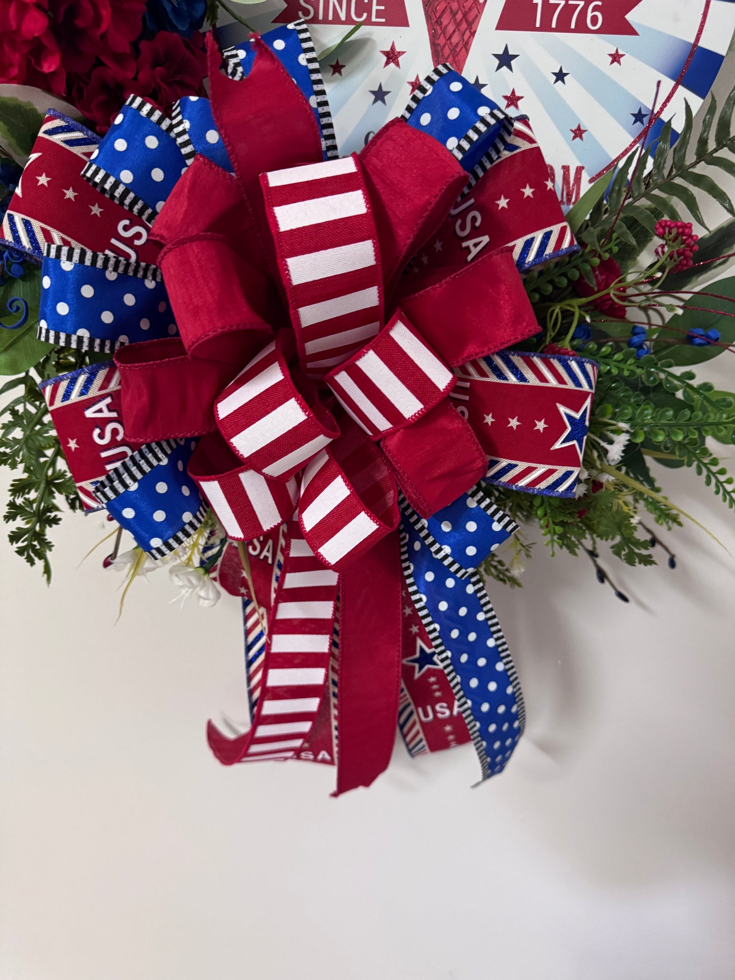 Sale price is $90.00 Discount will show at Checkout!!!!God Bless America Patriotic Wreath – Red, White & Blue Summer Door Décor