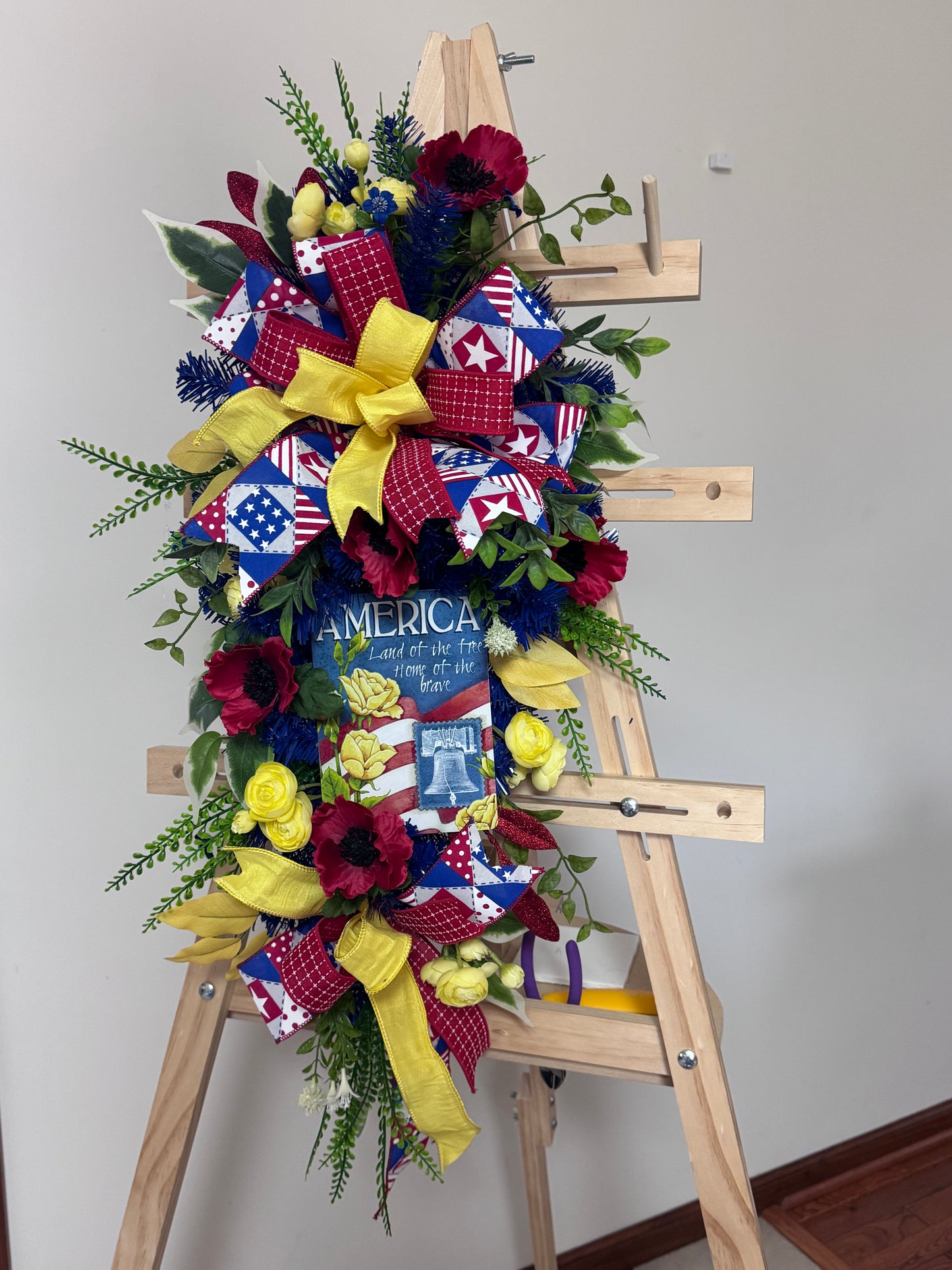 Americana Floral Swag | Patriotic Summer Front Door Decor | Red White and Blue Door Swag