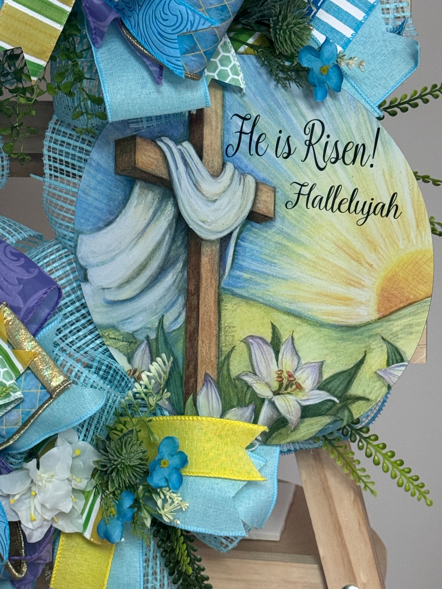 He Is Risen Easter Wreath with Cross Sign | Christian Spring Wreath | Farrisilk Ribbon Faith Front Door Decor