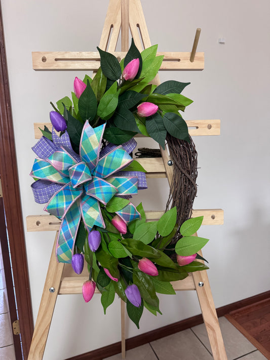Spring Tulip Grapevine Wreath | Pink & Purple Floral Front Door | Mother’s Day Gift | Designer Plaid Bow
