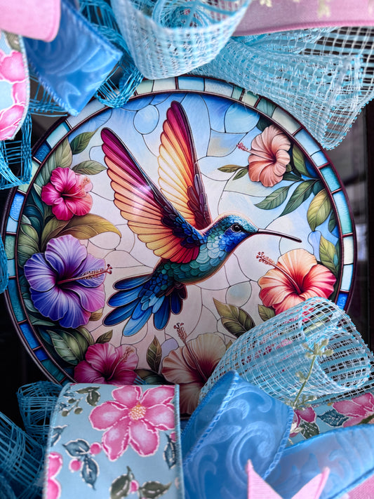 Hummingbird Spring Wreath for Front Door – Pink and Blue Everyday Summer Wreath with Designer Ribbon