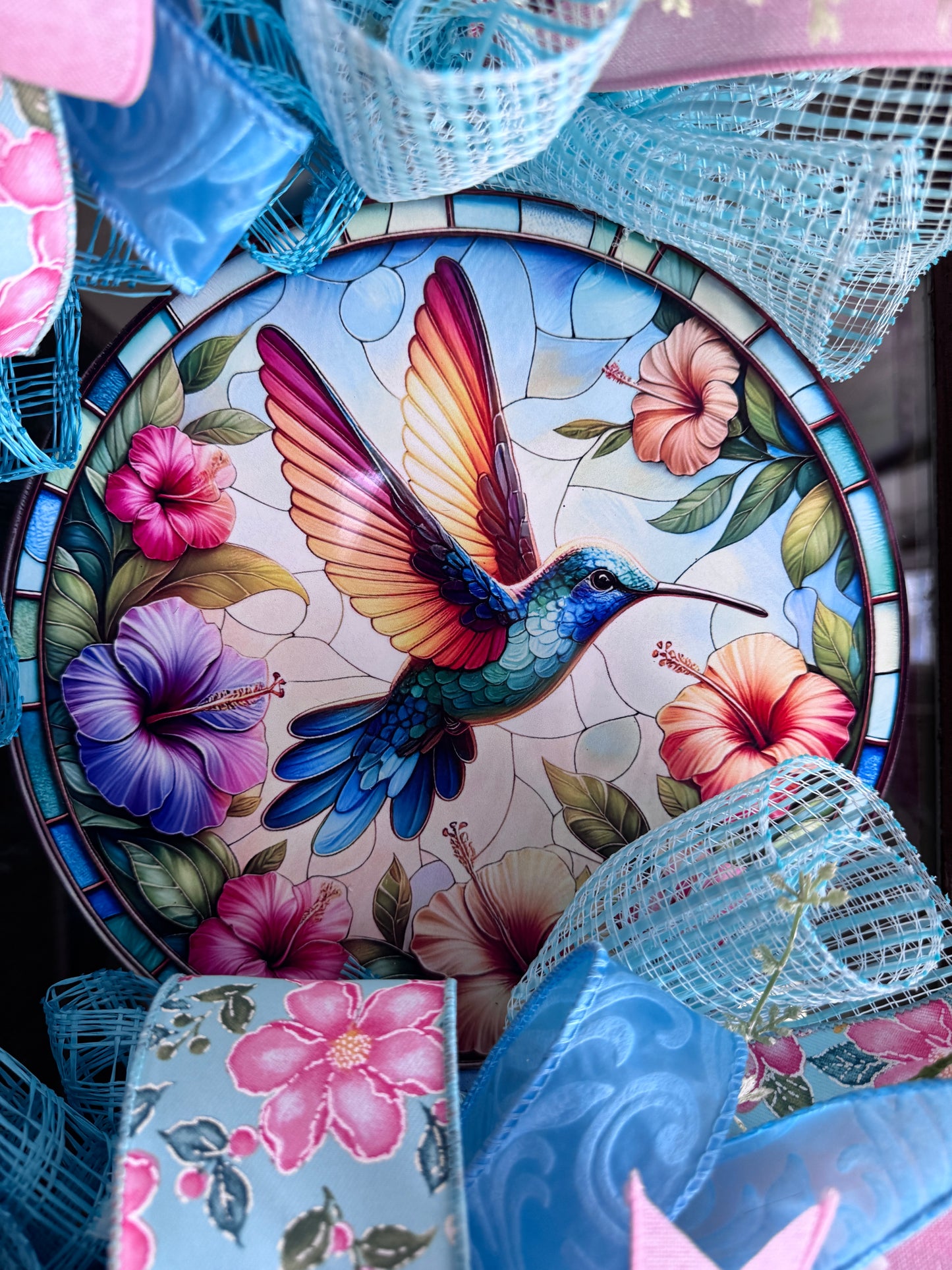 Hummingbird Spring Wreath for Front Door – Pink and Blue Everyday Summer Wreath with Designer Ribbon