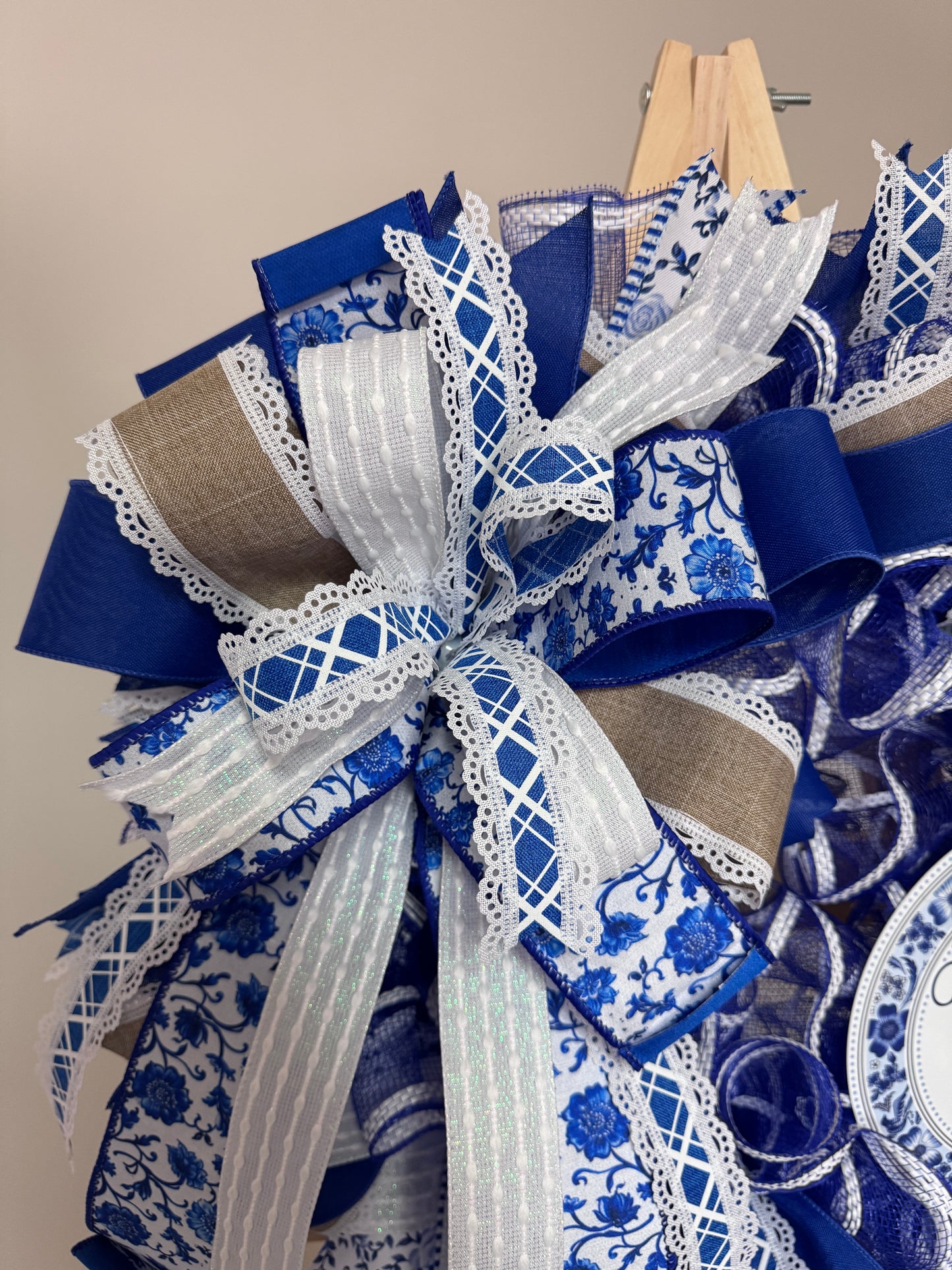 Blue & White Porcelain Inspired Welcome Wreath | Elegant Mesh & Designer Ribbon | Mother’s Day