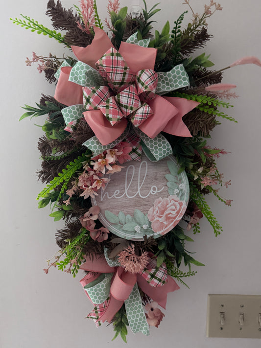 Spring “Hello” Front Door Wreath | Pink & Sage Green Floral Wreath with Designer Bow | Everyday Door Decor