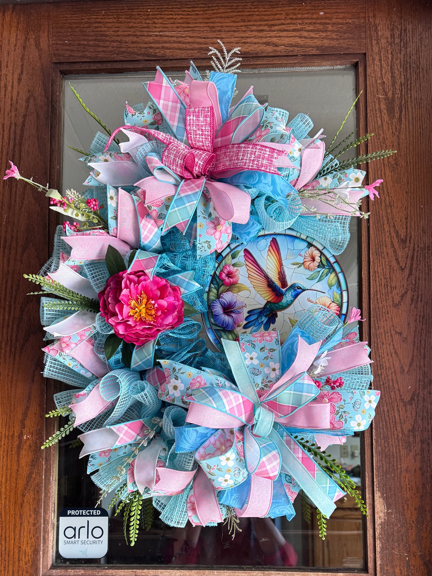 Hummingbird Spring Wreath for Front Door – Pink and Blue Everyday Summer Wreath with Designer Ribbon