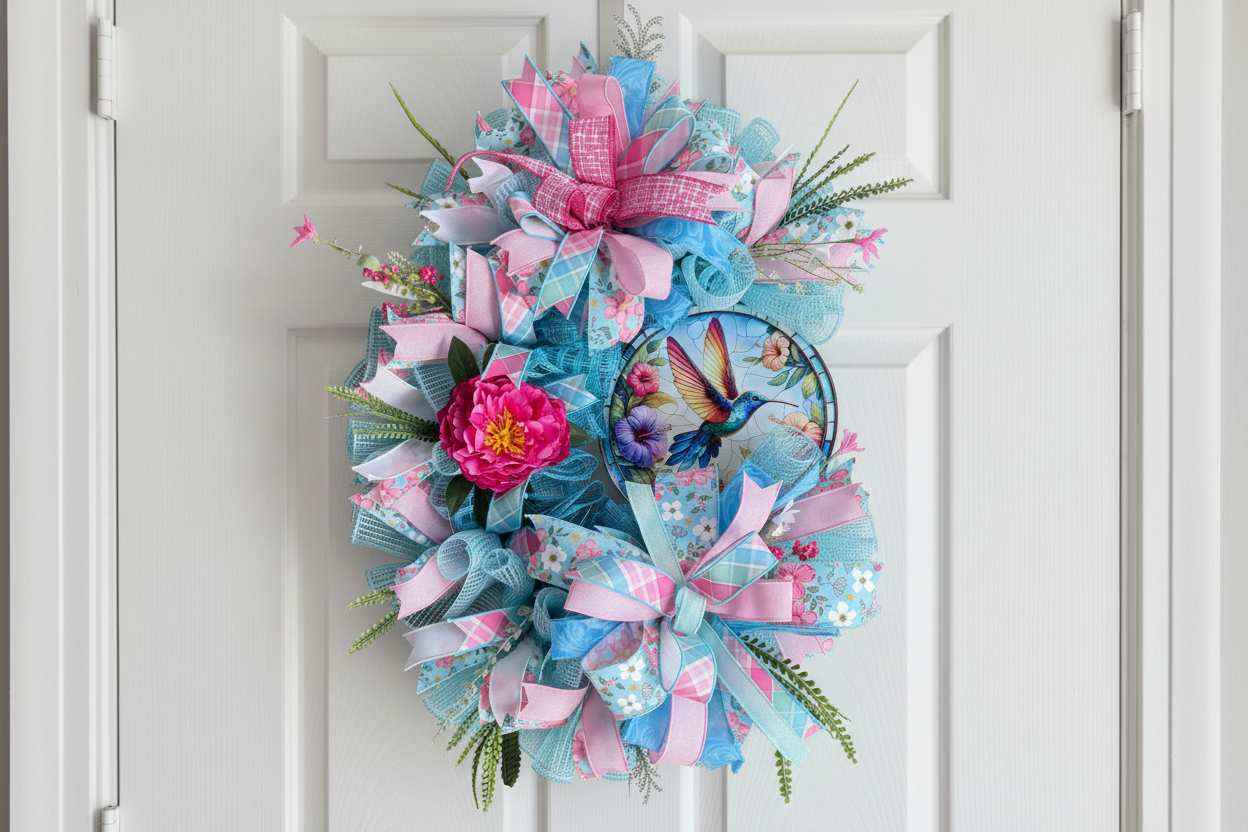 Hummingbird Spring Wreath for Front Door – Pink and Blue Everyday Summer Wreath with Designer Ribbon