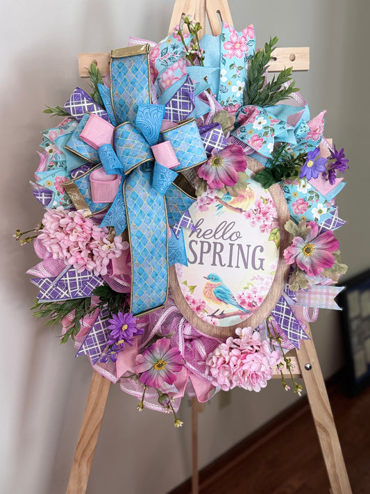 🌷 Hello Spring Bird Floral Wreath with Farrisilk Designer Ribbon