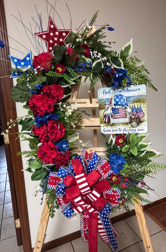 Sale price is $90.00 Discount will show at Checkout!!!!God Bless America Patriotic Wreath – Red, White & Blue Summer Door Décor