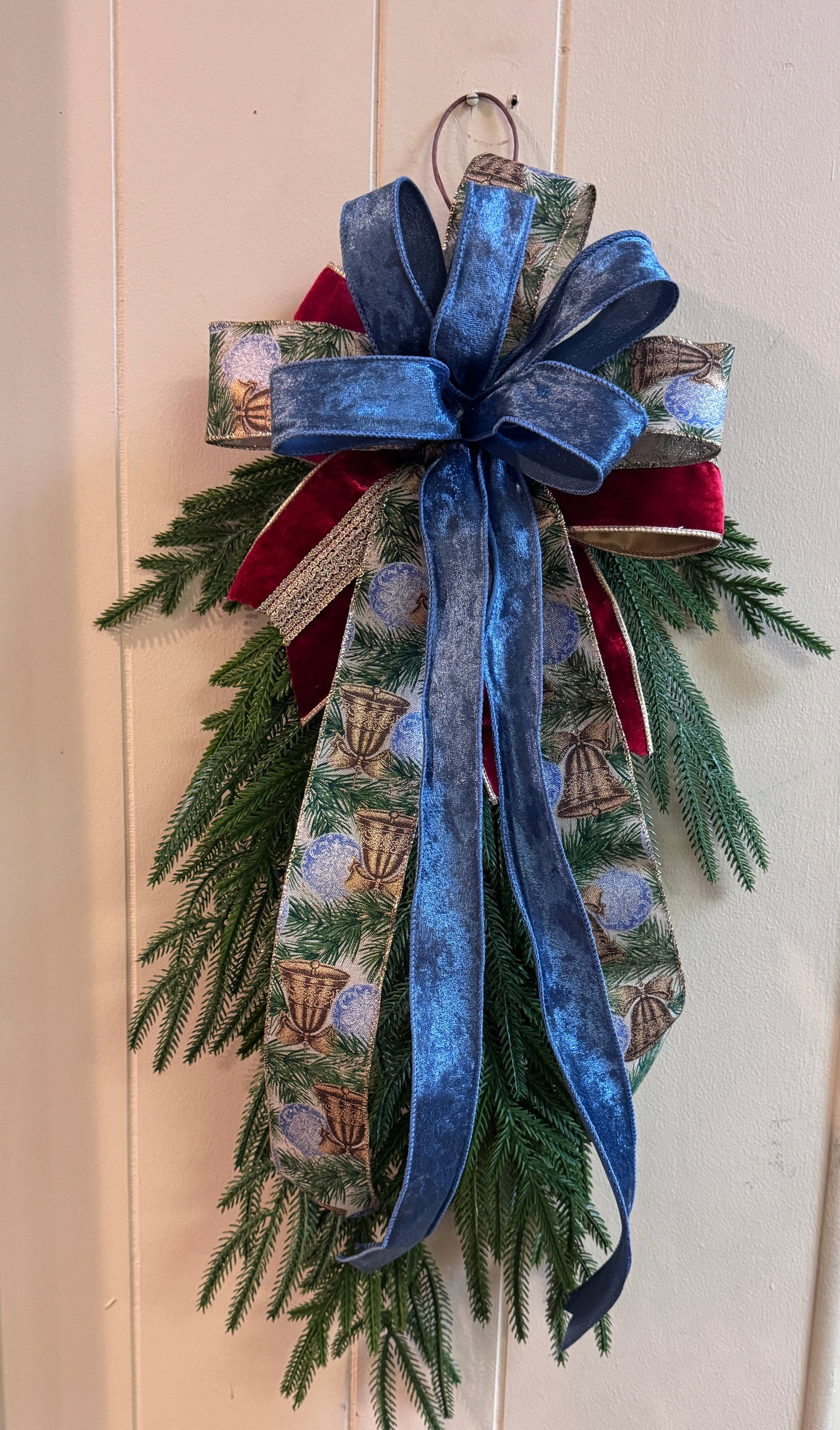 Blue Velvet & Bell Ribbon Christmas Swag – Real Touch Norfolk Pine