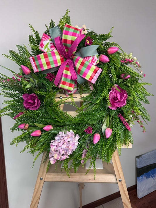 Spring Pink & Green Floral Wreath with Tulips and Hydrangea | Designer Ribbon Bow | Front Door Wreath