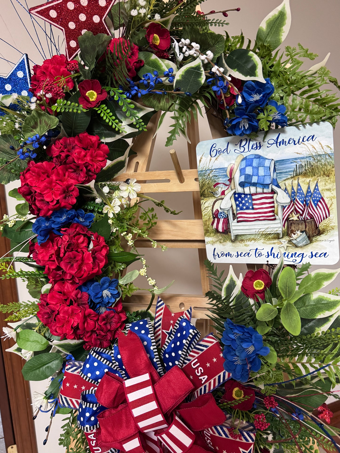 Sale price is $90.00 Discount will show at Checkout!!!!God Bless America Patriotic Wreath – Red, White & Blue Summer Door Décor