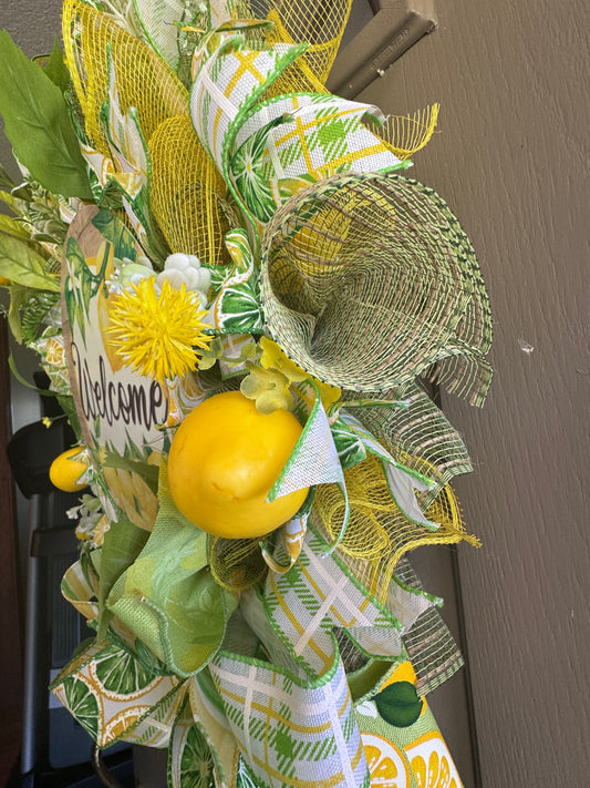 Handmade Lemon Welcome Wreath | Summer Front Door Citrus Deco Mesh Wreath