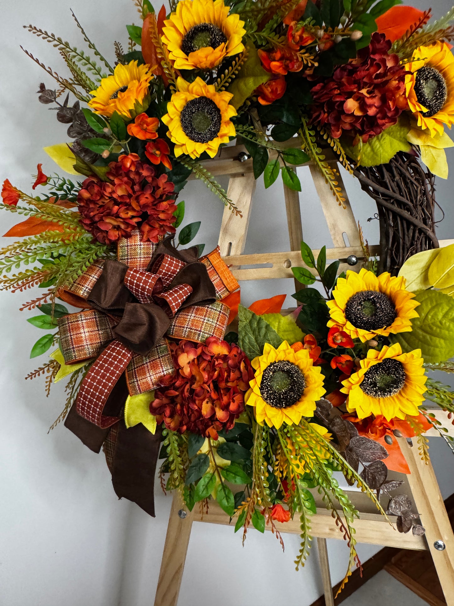Fall Sunflower & Hydrangea Grapevine Wreath | Rustic Farmhouse Autumn Door Decor with Farrisilk Plaid Bow