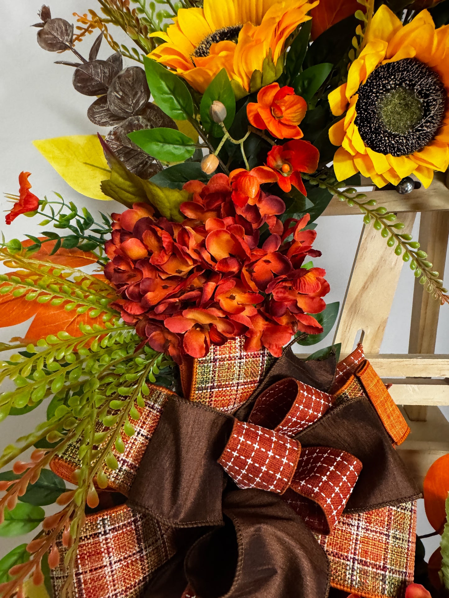 Fall Sunflower & Hydrangea Grapevine Wreath | Rustic Farmhouse Autumn Door Decor with Farrisilk Plaid Bow