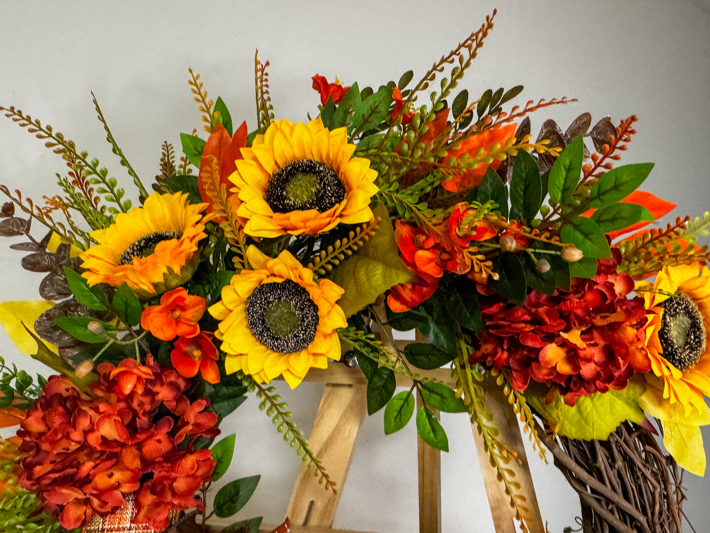 Fall Sunflower & Hydrangea Grapevine Wreath | Rustic Farmhouse Autumn Door Decor with Farrisilk Plaid Bow