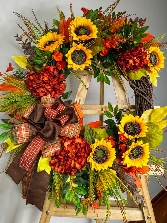 Luxury Sunflower Fall Wreath with Farrisilk Ribbon | Burnt Orange Autumn Door Decor