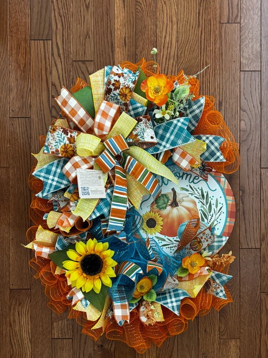 Autumn Blessing Wreath, Fall Wreath, Orange and Teal Fall Wreath, Teal Pumpkin Wreath, Fall Decor,