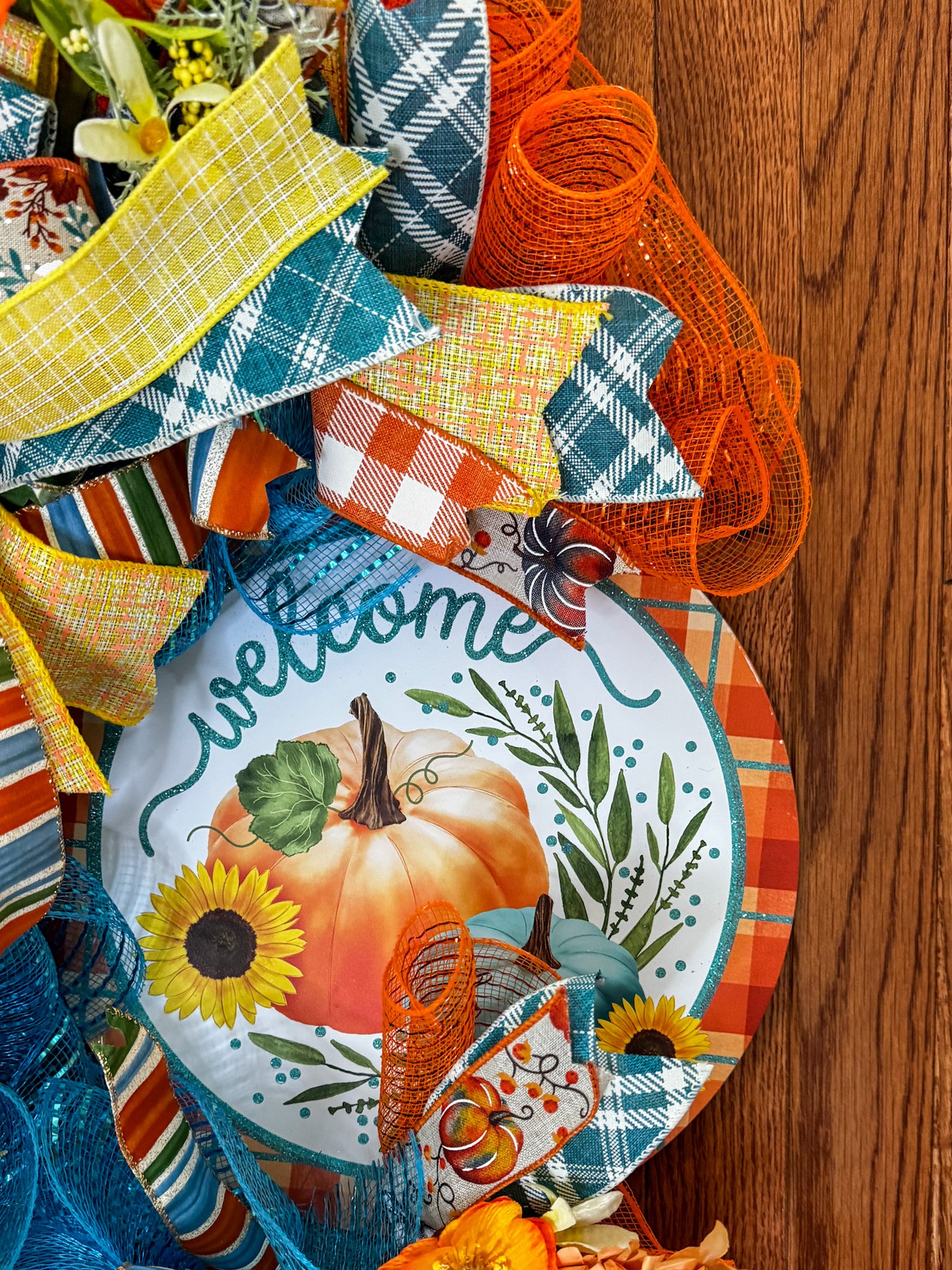 Autumn Blessing Wreath, Fall Wreath, Orange and Teal Fall Wreath, Teal Pumpkin Wreath, Fall Decor,